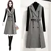 Autumn Winter Women Houndstooth Sleeveless Notched Collar Double-Breasted Split Office Tweed Plaid Midi Dress With Belted Top ► Photo 1/6