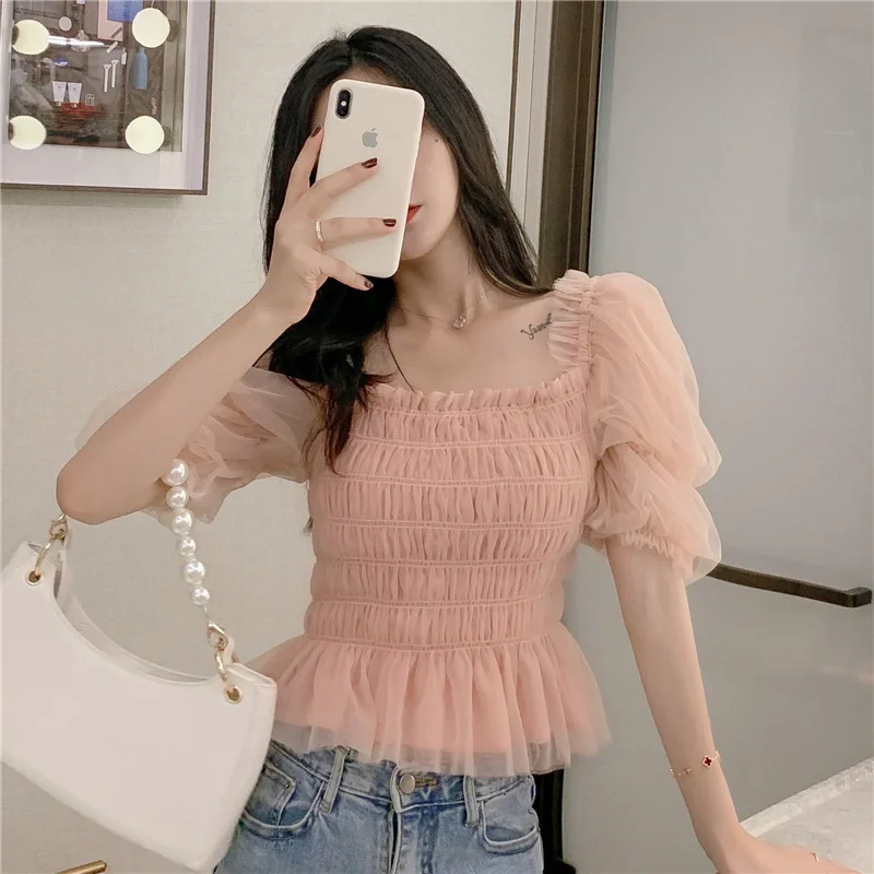 Summer Mesh Blouses Women Sweet Puff Sleeve Gauze Blouses Ladies Elegant Shirt Tops Square Neck Ruffle Ruched Chiffon Pink Top 2