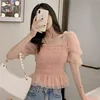 Summer Mesh Blouses Women Sweet Puff Sleeve Gauze Blouses Ladies Elegant Shirt Tops Square Neck Ruffle Ruched Chiffon Pink Top 2