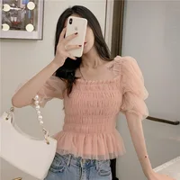 Summer Mesh Blouses Women Sweet Puff Sleeve Gauze Blouses Ladies Elegant Shirt Tops Square Neck Ruffle Ruched Chiffon Pink Top 2