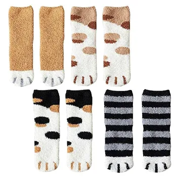 

4 Pairs Socks Cute Cat Claws Pirnt Plush Coral Fleece Female Tube Socks Winter Thick Warm Sleeping Floor Sleep Socks 19DEC31