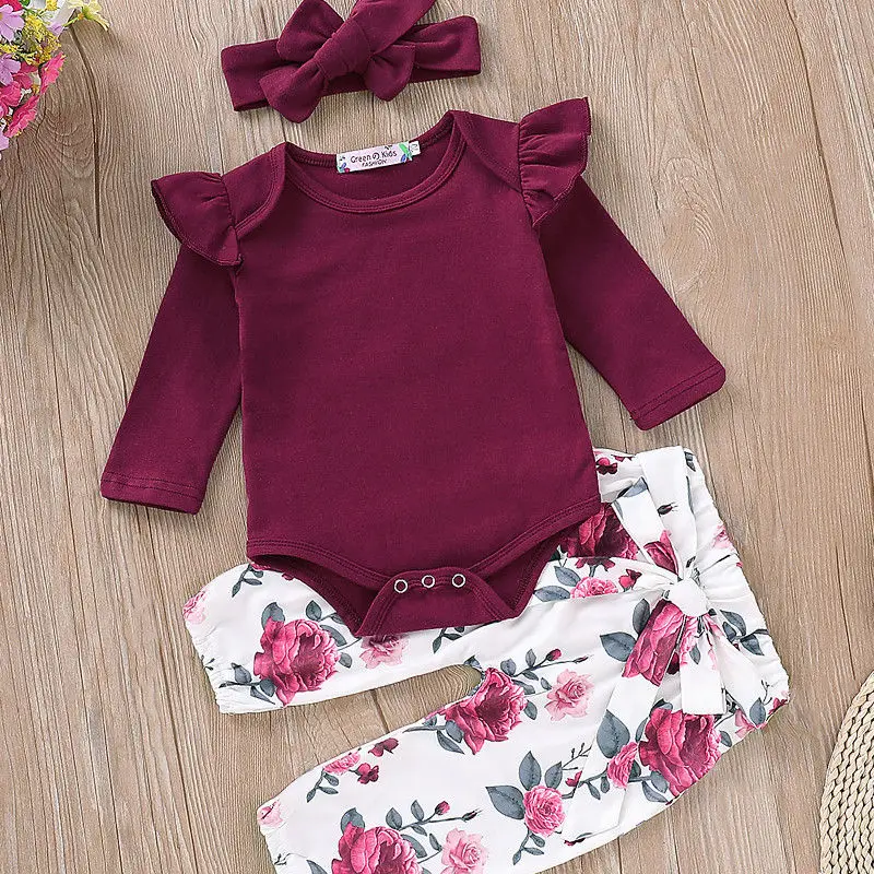 0-18M Autumn Winter 3 Pieces Newborn Baby Girl Clothes Set Infant Kids Long Sleeve Romper Tops+Pants Leggings Headband Outfits