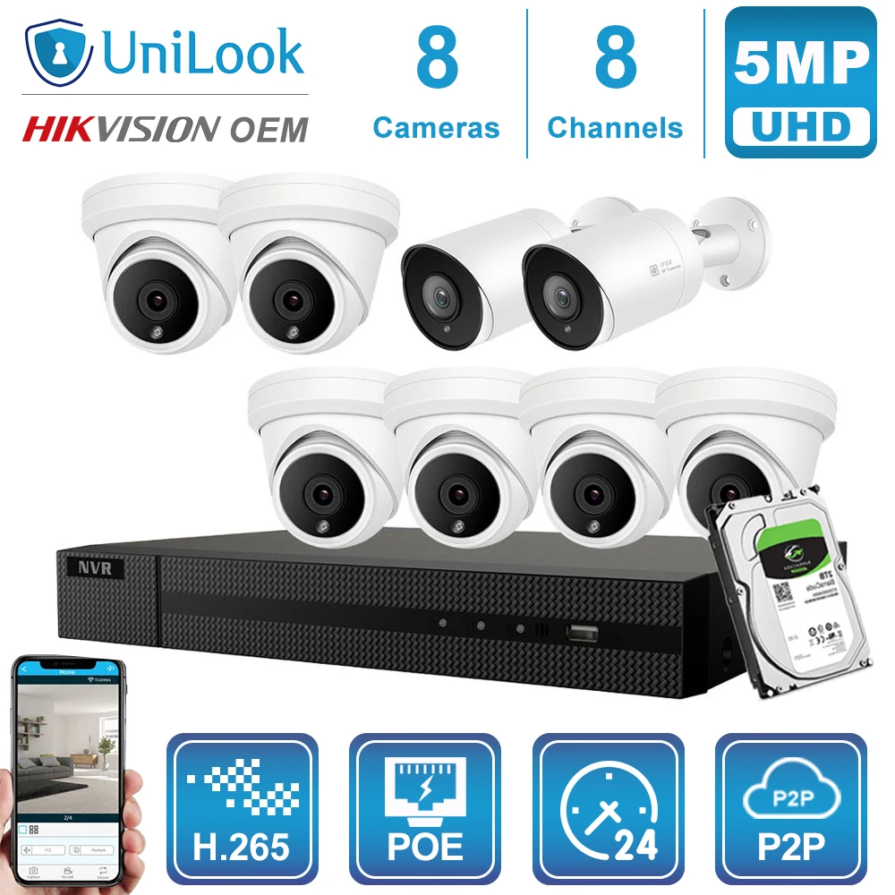UniLook 8CH NVR 6/8 шт. 5MP купольная IP-камера POE Hikvision OEM наружная система безопасности