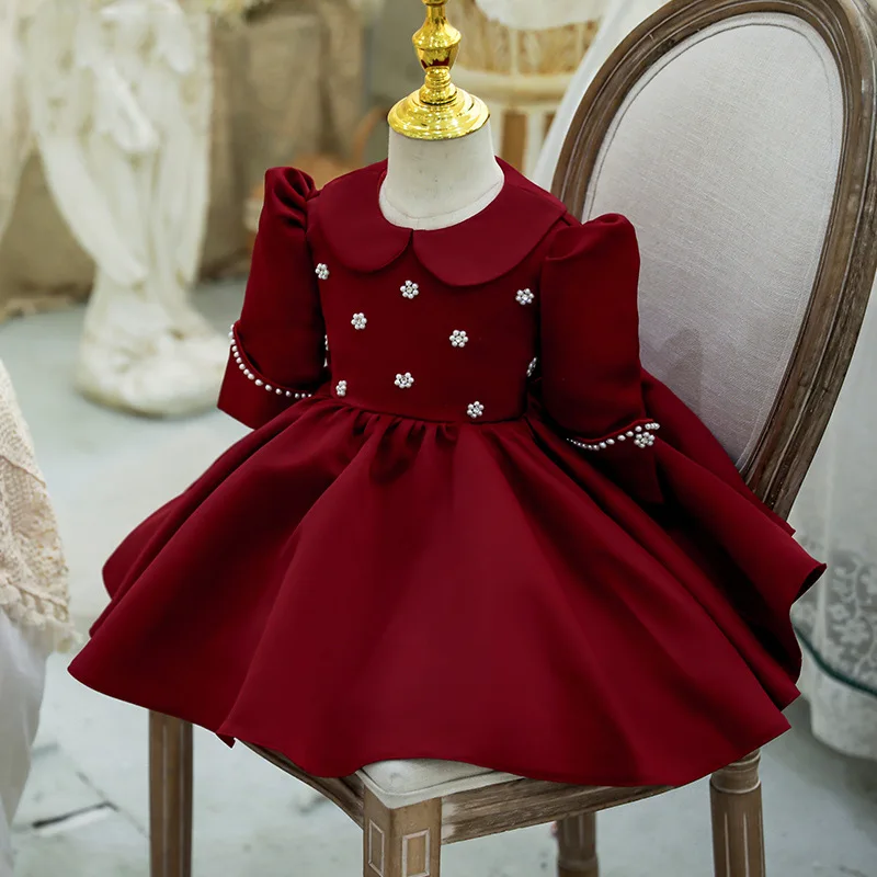

Baby Girl One Year Old Christening Dress Big Bow Beaded Princess Prom Red Dress Birthday Party Violin Piano Play Host Costumes