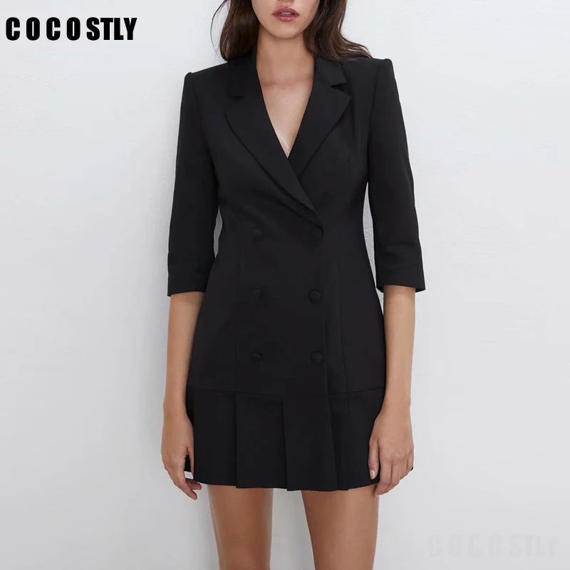 Осень черный костюм со складками платье модный Блейзер женская одежда v-образный вырез двубортный длинный Костюмный пиджак тонкий пиджак