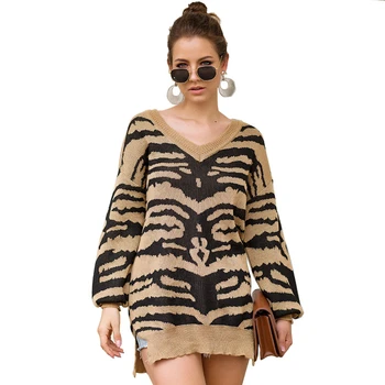 

Autumn 2019 V Neck Leopard Sweater For Women Fashion Knitted Pullovers Long Sleeve Jumper Female Winter Clothes Loose Knitwear