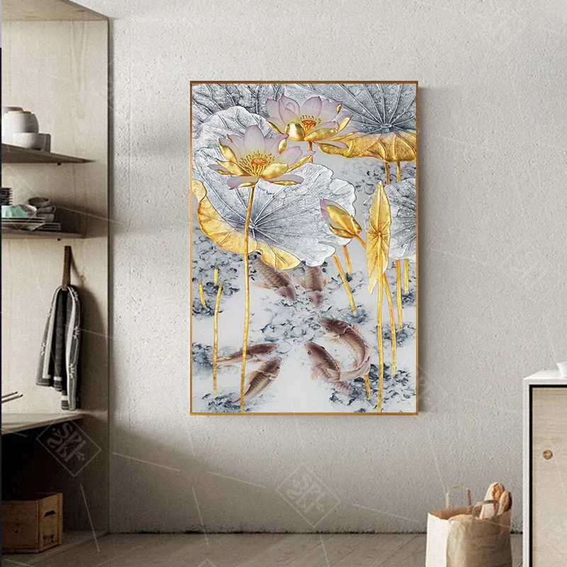 Abstract-Gold-Lotus-Fishes-Canvas-Painting-Modern-Poster-Art-Cuadros-New-Chinese-Style-Decor-Wall-Pictures