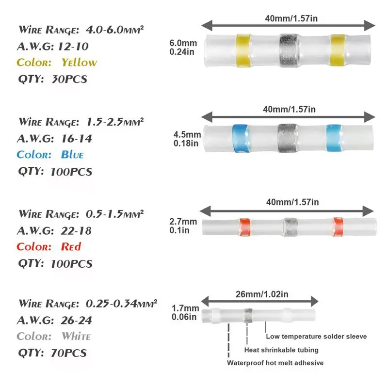 300 шт припоя уплотнения провода соединители, термоусадочные стыковые Соединители Клеммы электрические соединители провода изолированные водонепроницаемые морские