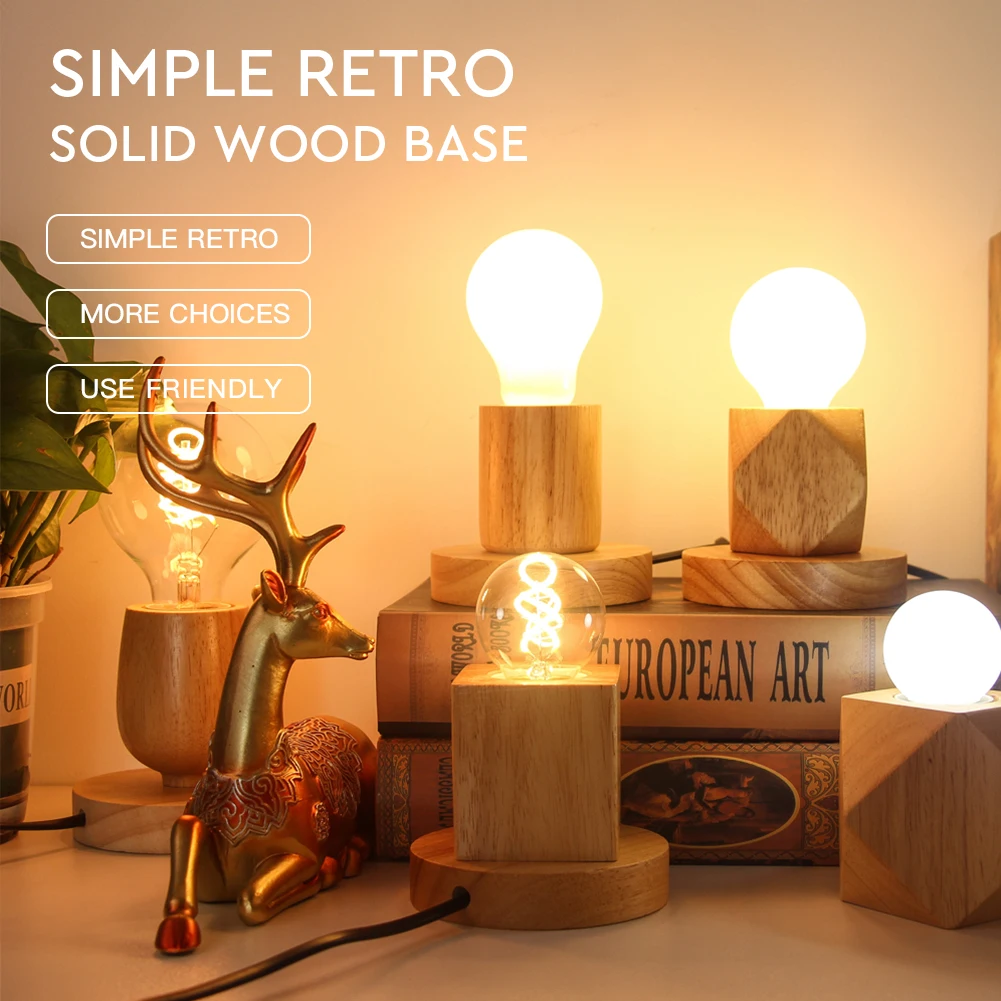 Retro Wood Table Lamp Lamp Base Decorative Lights E27 Socket Vintage Desk Lamp Base Holder EU Plug Bedside Decoration Wooden Base Table Light 220V 110V