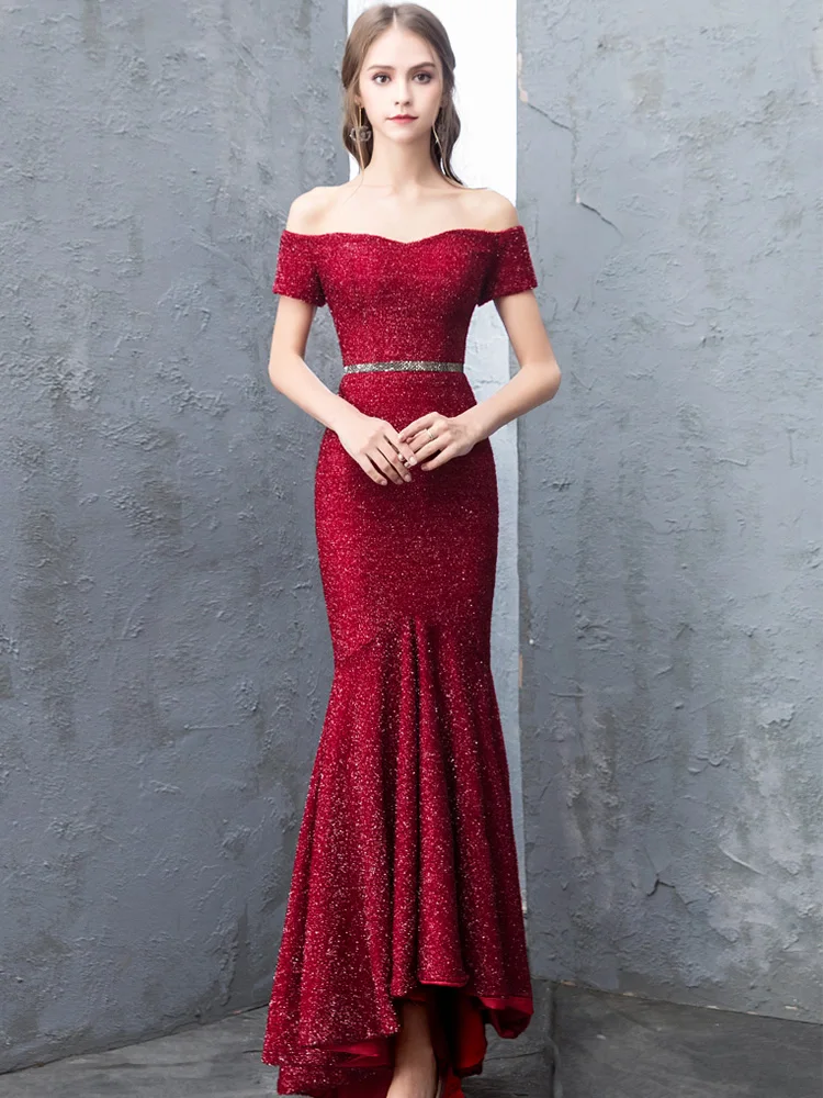 Это Yiya вечернее платье Elegat плюс размер лодочка шеи короткий рукав халат De Soiree блесток Русалка Женские вечерние платья V141 - Цвет: Burgundy