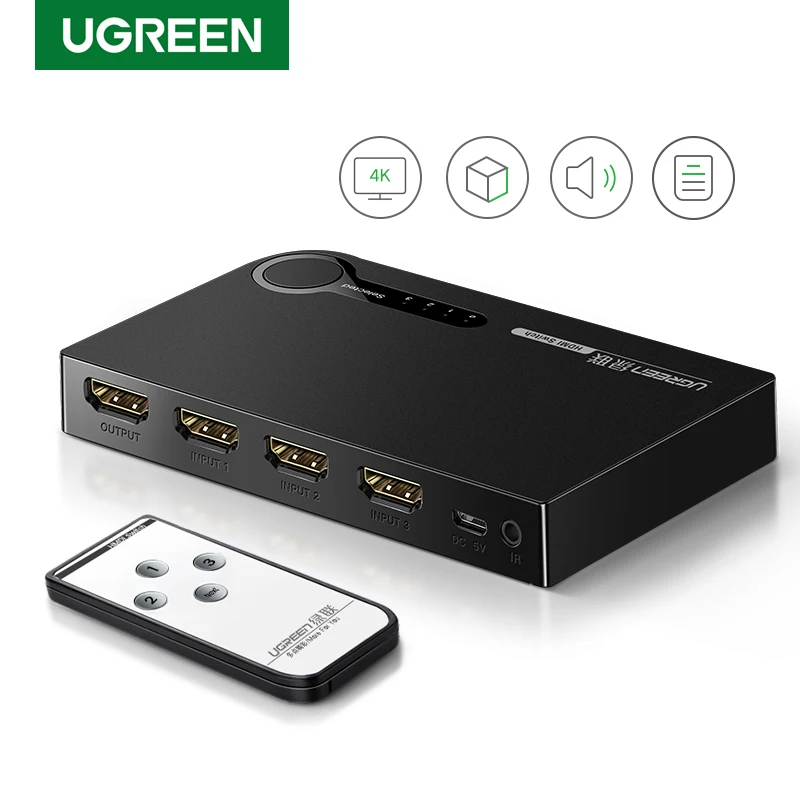 HDMI переключатель UGREEN 4K 3 порта разветвитель Full HD 3D совместим с ноутбуком Xbox 360 PS4 ИК