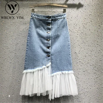 

2020 New Single breasted Denim Skirt Women Mesh Splice High waist Skirt Female Loose Plus size Mid Long Bag Hip Jeans Skirts