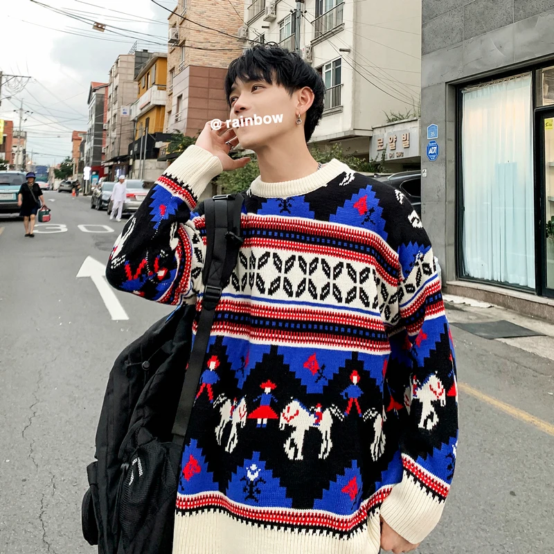 

Winter Men's Red Blue Yellow Color Loose Pullover Round Neck Printing Knitting Keep Warm Man Sweater High-quality Coat M-2XL