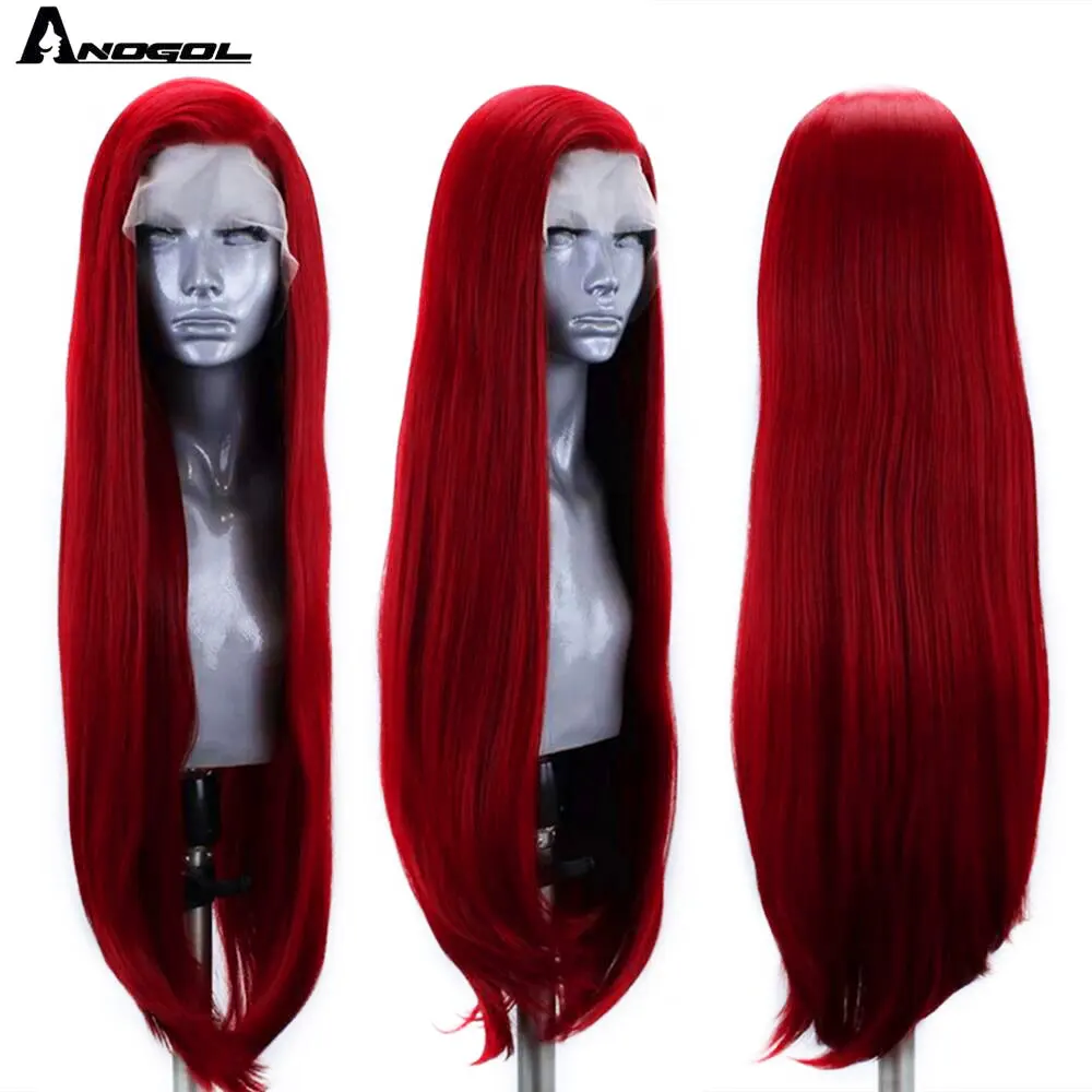 Anogol Brand Red Lace Front Wigs for Women Synthetic Long Straight Wigs Middle Parting Heat Resistant Fiber Natural Looking 13x4