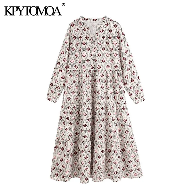 KPYTOMOA Women 2020 Chic Fashion Print Pleated Loose Midi Dress Vintage V Neck Long Sleeve Female Dresses Vestidos Mujer KPYTOMOA Women 2020 Chic Fashion Print Pleated Loose Midi Dress Vintage V Neck Long Sleeve Female Dresses Vestidos Mujer