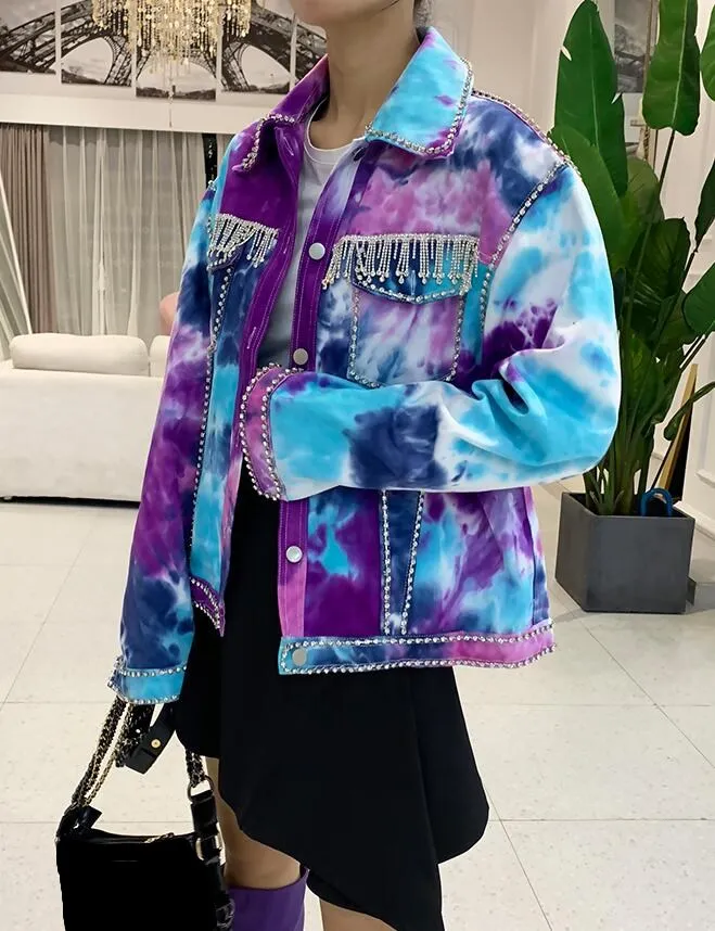 WHITNEY WANG Осенняя мода уличная галстук-краситель бриллианты кисточка джинсовая куртка женская Стильная джинсовая куртка