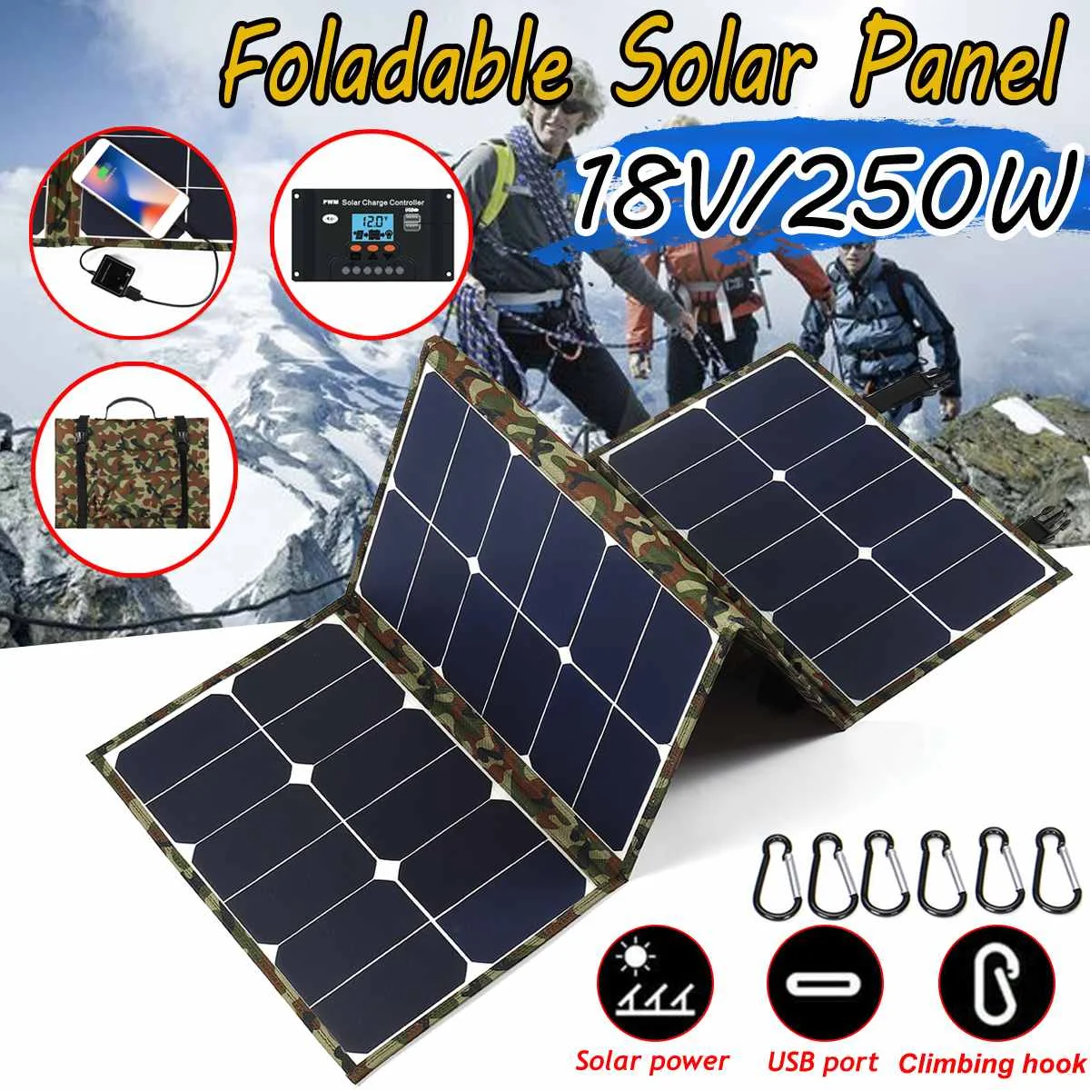 

250W Foldable Solar Panel Portable Folding Solar Panel Charger Sunpower Battery Charger Camouflage Backpack W/ Dual USB Port