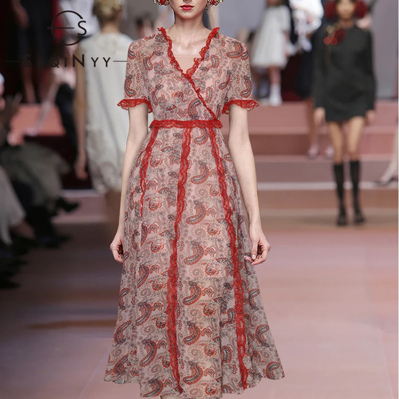 

SEQINYY Vintage Dress Flowers Print 2020 Summer Spring New Fashion Design Women Short Sleeve Red Lace Casual Midi Dress