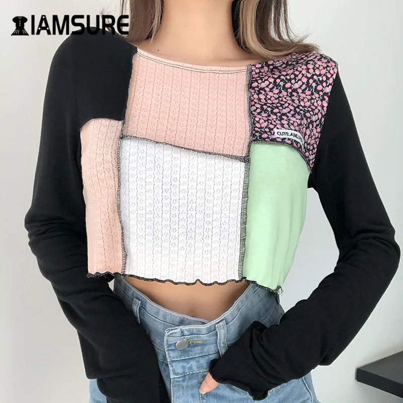 

IAMSURE 2020 Autumn Patchwork Long Sleeves Women Casual Loose Crop Tops Shirts Female Korean Streetwear Fashion O-Neck T-Shirt