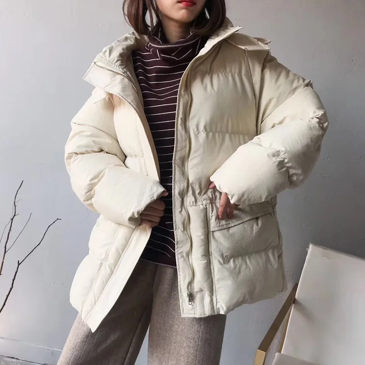 

18 Autumn And Winter New Style Casual Simple Korean-style Solid Color Waist Hugging Large Pocket Thick Hooded down Coat Cotton-p