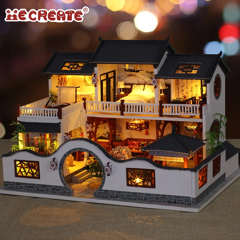 IiE создать кукольный домик мебель китайский стиль деревянный Миниатюрный Кукольный дом Diy игрушки для детей с Светильник лампы Рождественский подарок