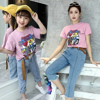 

Teen Girls Summer Clothing Set Mom and Daughter Matching Clothes Matching Outfits Children Tee Denim Pants Clothes