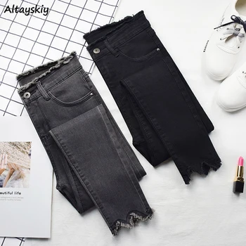 

Jeans Women Pencil Ankle-Length Trousers High Waist Slim Pockets Korean Style Elegant Womens Large Size 32 All-match Students