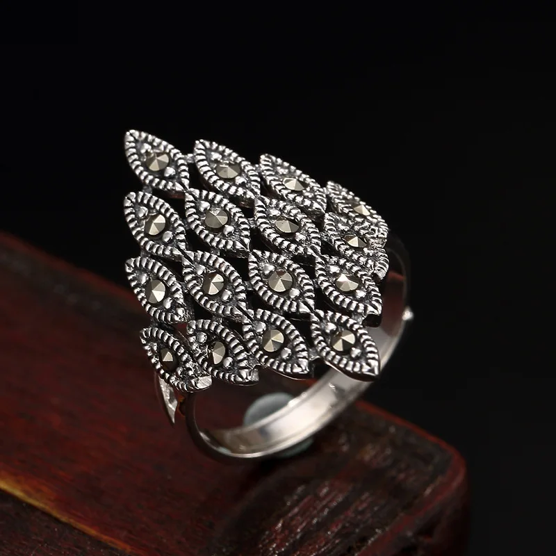 

One Deer Silver S925 Fine Silver Retro Inlaid Marcasite Women's Top Grade Versatile Adjustable Rhombus Silver Ring
