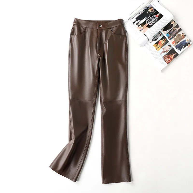 

100% Sheepskin Leather Pants Female Korean Fashion Flare Pants Black Trousers for Women Spring 2021 Pantalones De Mujer Pph3952