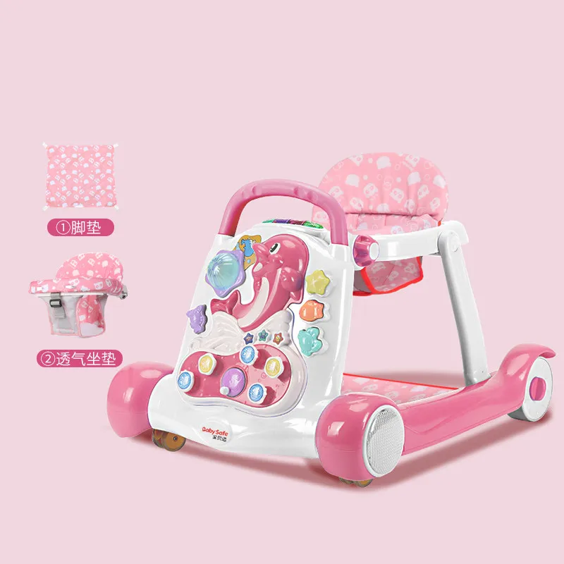Baby Walker,6//7-18 Month Multi-Functional Anti Rollover Height Adjustable Foldable Folding Baby Walker Boys and Girls Pink Shock Absorption