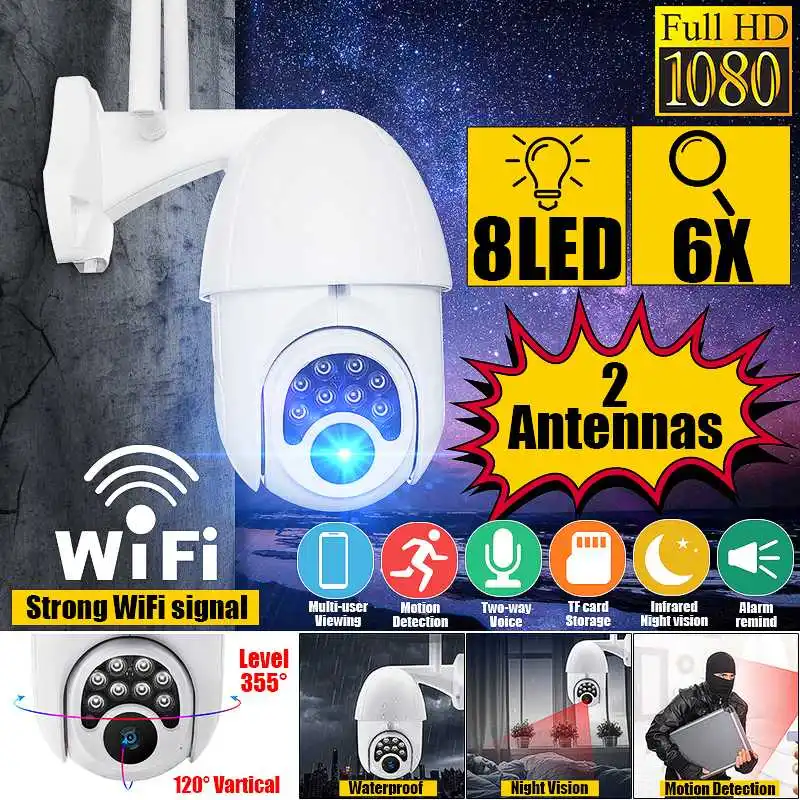 6x Zooom HD 1080P wifi IP камера 8 светодиодный наружная камера видеонаблюдения полный цвет/ночное видение/IP66 водонепроницаемый/PTZ