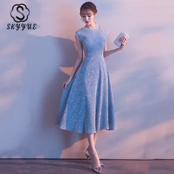 

Elegant Evening Dresses Skyyue ER233 Blue O-neck Sleeveless Evening Gowns For Women A Line Long Vestidos De Fiesta