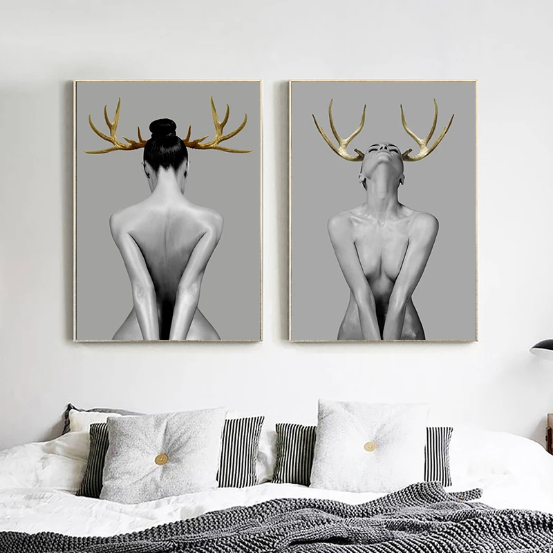 Modern Simple Fashion Sexy Golden Deer Canvas Painting Art Printing Poster Pictures Wall Bedroom Living Room Home Decoration | Дом и сад