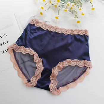 

Satin Panties Large Size High Quality Sexy Lace Thin Transparent Mesh High Waist Panties Underwear Women Briefs Plus Size