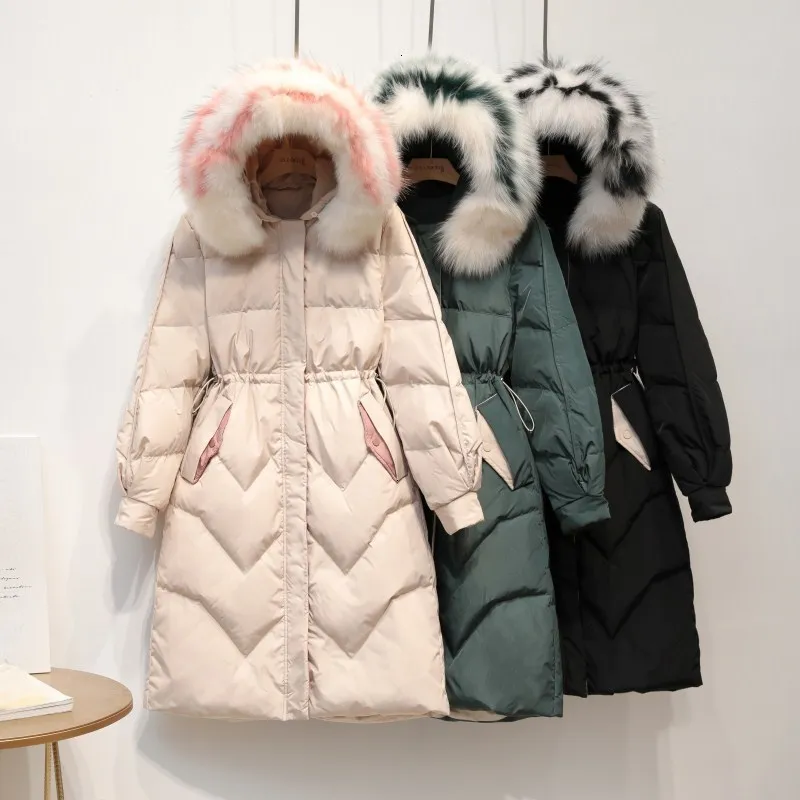 2019 white duck down jacket female long section winter new fox big fur collar waist thin |