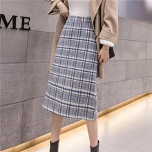 Элегантная женская юбка-карандаш шерстяная клетчатая миди-юбка с высокой талией зима осень теплая Модная женская юбка с разрезом