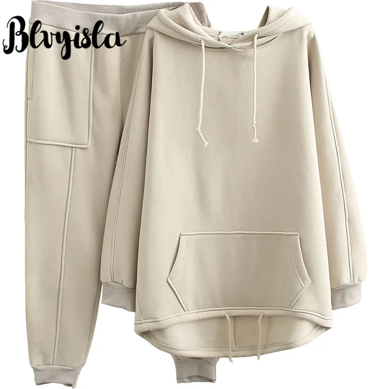 Cena Blvyila 100kg kobieta Solid Color zagęścić czas wolny sport utrzymać ciepły polar zima bluza z kapturem garnitury Oversize dres zestaw