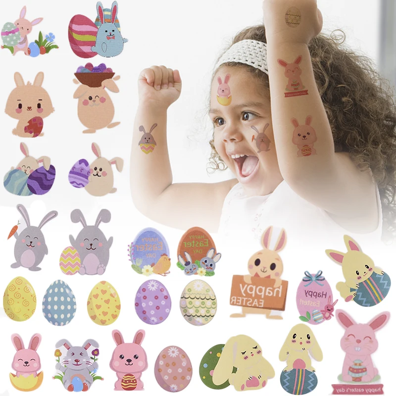 10pcs/set Cute Rabbit And Easter Egg Temporary Tattoo Stickers Kids Favor Toys Happy Easter Party Decor Festival Event Supplies