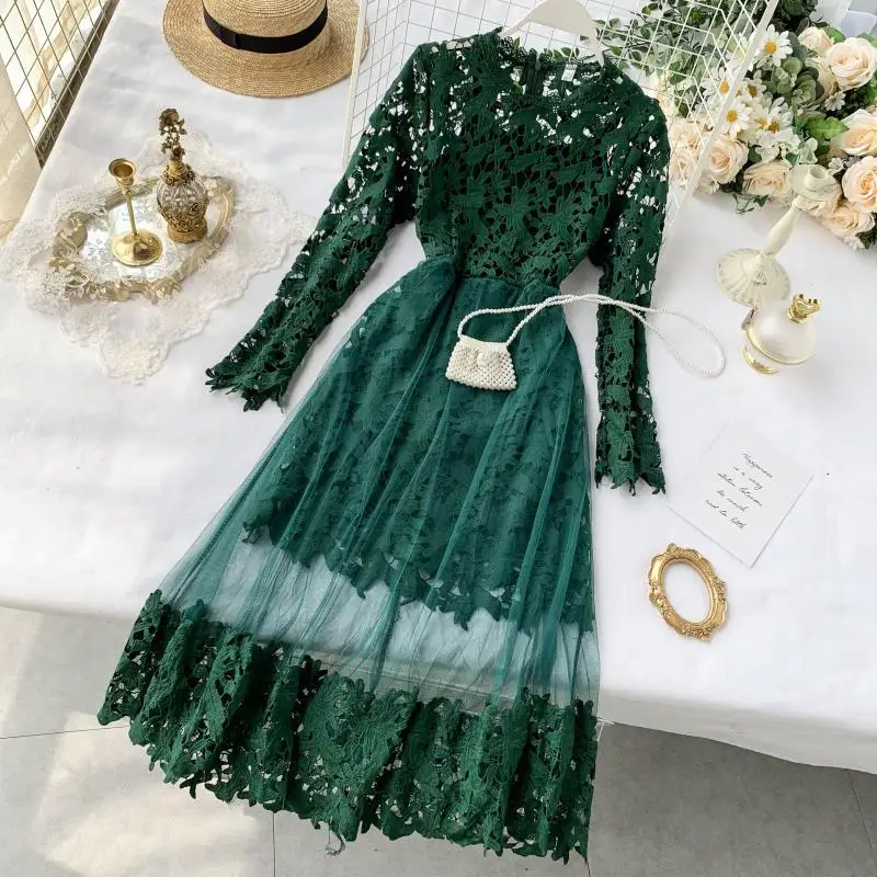 

2019 New spring Autumn Fashion Mesh Crochet Patchwork Lace Puff Sleeves Dress Women Casual Sexy Slim A-line Long Dress yy465