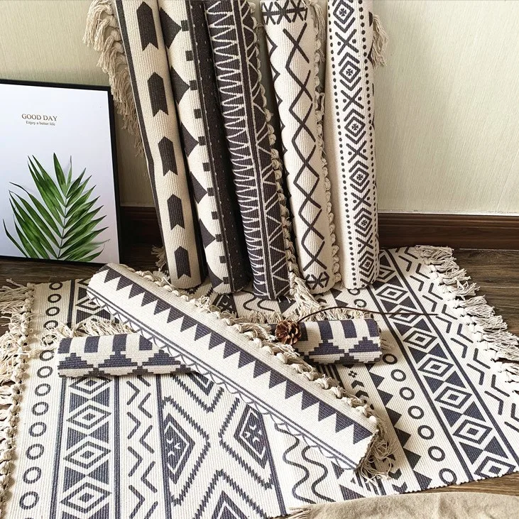 

Bohemia Nordic style Kilim Black White 100% Cotton Living Room Carpet Geometric Indian Rug Stripe Modern Mat contemporary design