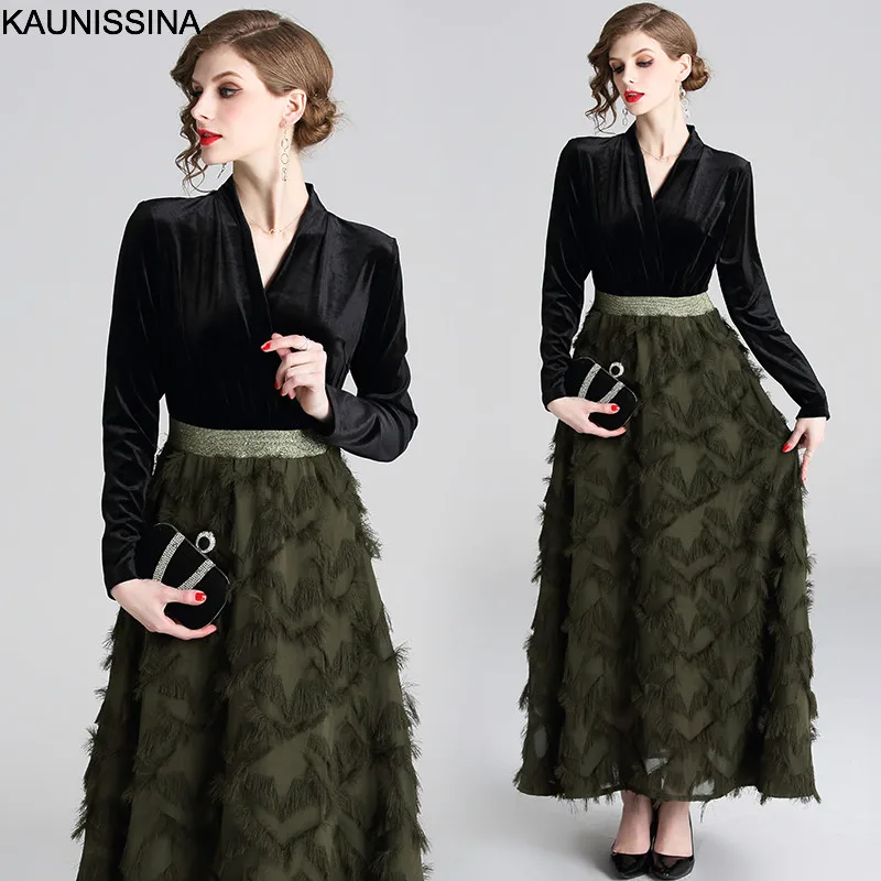 

KAUNISSINA Winter Women Long Evening Dress Velvet Tassel Patchwork Party Gown Autumn Long Sleeve Maxi Evening Dress Vestidos