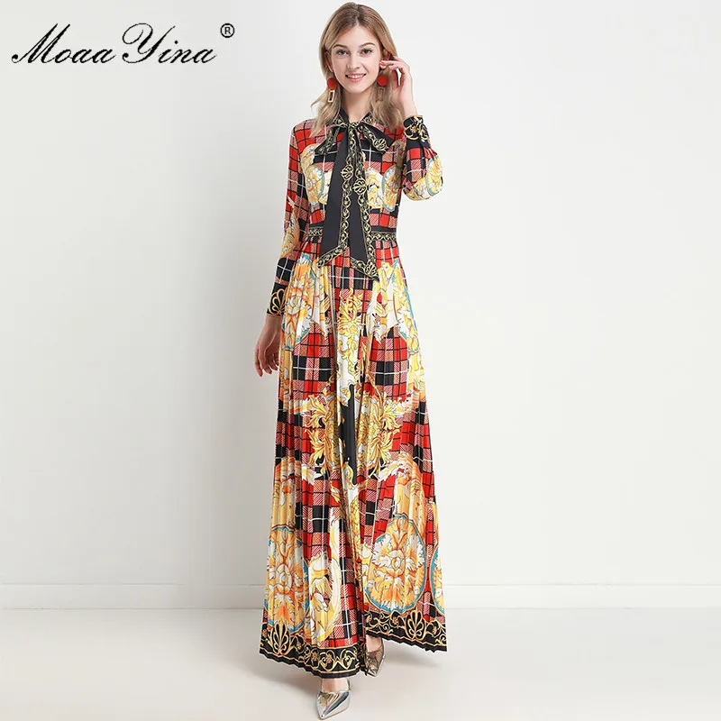 MoaaYina элегантное женское Платье макси с длинным рукавом винтажный принт в клетку
