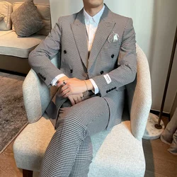 Houndstooth 2 Pcs Men Suits Set Wedding Double Breasted Business Casual Fit Slim Costumes Hommes Formal Tailored Blazer Pant