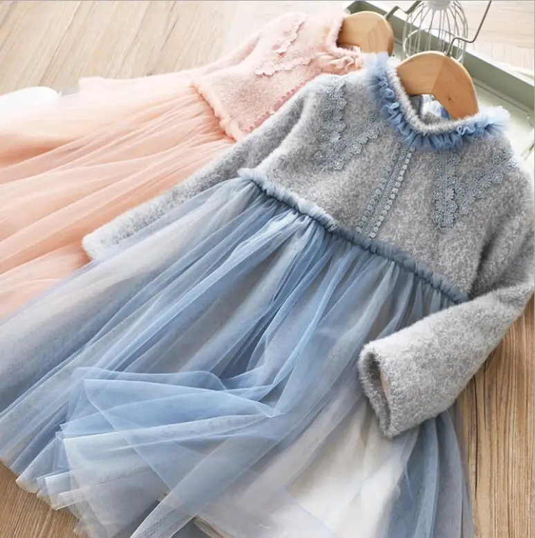Новые Детские Зимние флисовые сетчатые платья, платье принцессы для девочек; детская модная одежда из бутика 5 штук в партии
