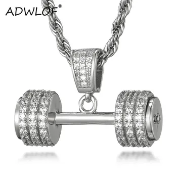 

Dumbbells Pendants Ice Out AAA+ Cubic Zircon Gold Sliver Color Necklace With Rope Chain For Men Women Hip Hop Jewelry