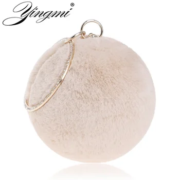 

YINGMI Rabbit fur women clutch bags ball fashion design diamonds metal evening bags winter fax fur party dinner round bags