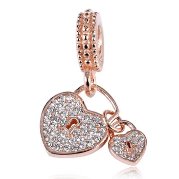 

Authentic 925 Sterling Silver Bead Charm Rose Gold Love Heart Lock With Crystal Pendant Beads Fit Pandora Bracelet DIY Jewelry