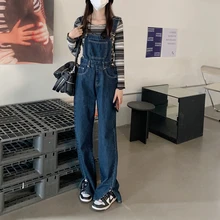 

Vintage Streetwear Solid Color Denim Overall Jeans Summer Autumn Office Lady High Waist Slit Blue Loose ​Straight Women's Pants