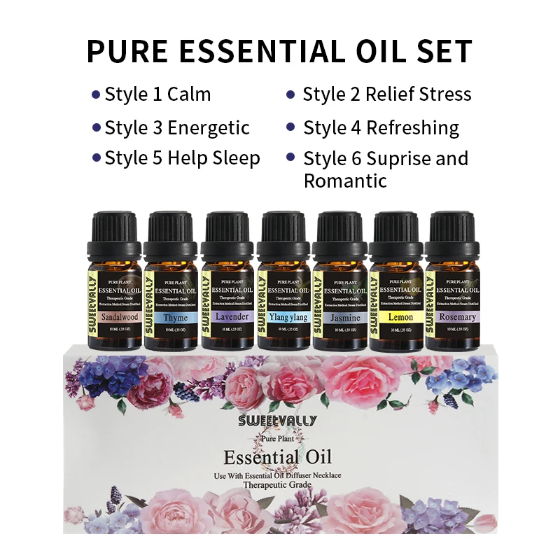 

6 Style Essential Oil Set 10ml Water Solution Natural Plant Aromatherapy Relaxing Fragrance Oil for Car Air Humidifier Freshener