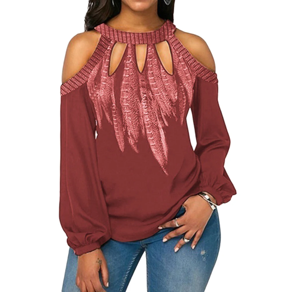 Plus Size Feather Print Women Cold Shoulder Long Sleeve Blouse Chiffon Shirt Round Neck Chiffon Blouse womens tops and blouses Plus Size Feather Print Women Cold Shoulder Long Sleeve Blouse Chiffon Shirt Round Neck Chiffon Blouse womens tops and blouses